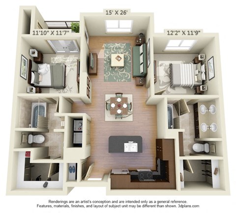 Floor plan for 2 beds, 2 baths, 1282 sqft